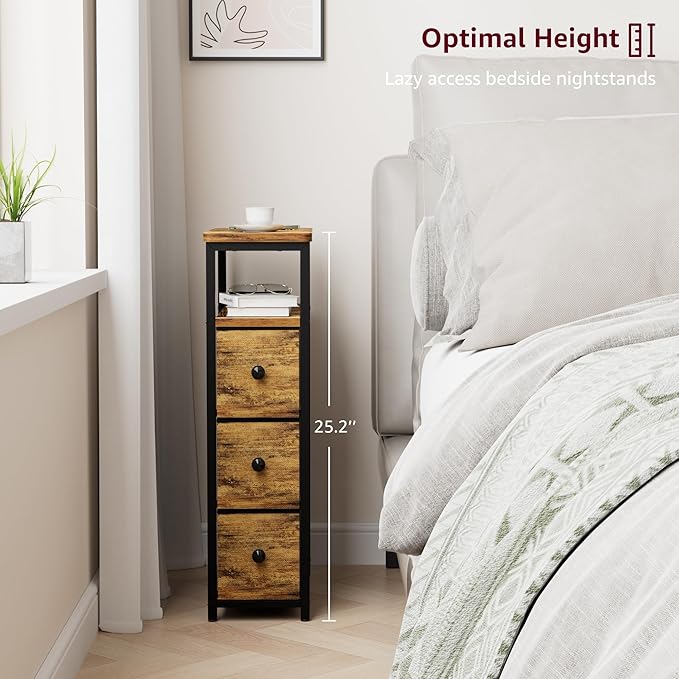 Narrow Night Stand Set 2 - Nightstand with 3 Drawers Skinny Bedsides Tables for Small Space Dresser for Bedroom Living Room Slim Side Table, Farmhouse Brown