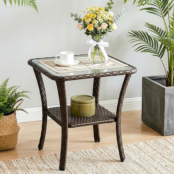Tribesigns Outdoor Wicker Furniture Set, Patio Wicker Side Table with Tempered Glass Top