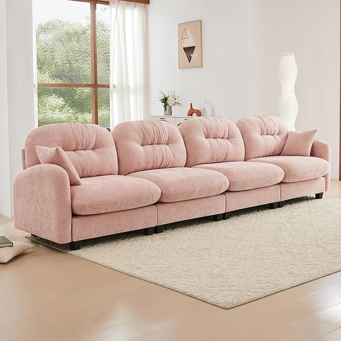 KEIKI 140" Oversized Chenille Modular Sectional Sofa with High-Density Foam Cushion and Tufted Pleated Cushion Backrest, Upholstered Modern 4-Seater Cloud Couch with 2 Pillow, for Living Room, Pink