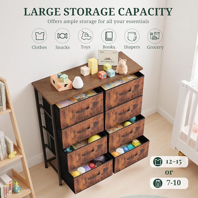 8-Drawer Dresser for Bedroom, Anti-Tip Tall Storage Organizer Chest of Drawers with Wooden Top and Metal Frame Fabric Bins for Closet, Living Room, Hallway, Entryway, Brown