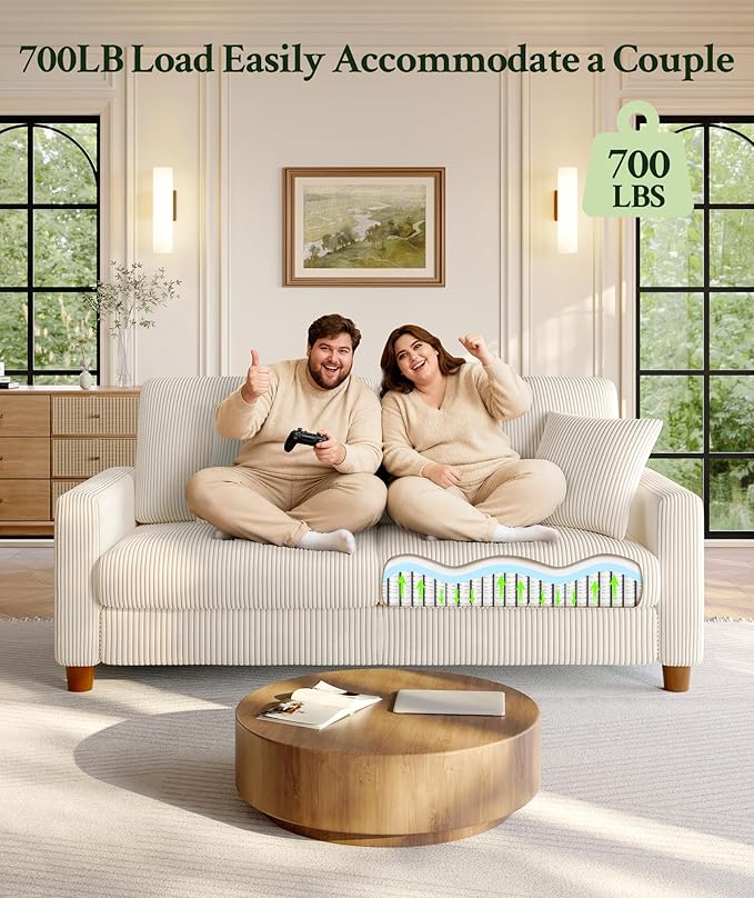 Welzona 70.2" Couches for Living Room, Comfy Beige Couch 7.1" Extra Thick Cushion, Sofas for Living Room Tool-Free Setup, Loveseat Sofa 705lbs Support, Corduroy Couch for Bedroom, Apartment, Office