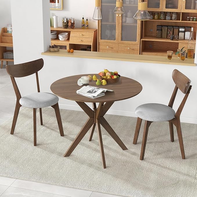 COSTWAY 36" Round Dining Table, Solid Wood Kitchen Table with Intersecting Pedestal Base and Adjustable Foot Pads for Home, Office, Small Space, Cafe, Bar