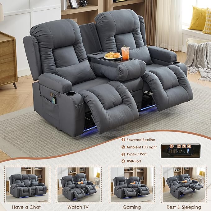 TUNYI Wall Hugger Loveseat Recliner Sofa with Console, Power Reclining Loveseat RV Couch with Massage & Heat/USB/Outlet/Storage/LED Light/Speaker (Blue)