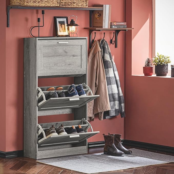 Haotian Shoe Storage Cabinet Entryway, Freestanding Shoe Cabinet with 3 Flip-Drawers Fully Enclosed Tall Shoe Rack Shoe Organizer, Grey, FSR137-L-HG