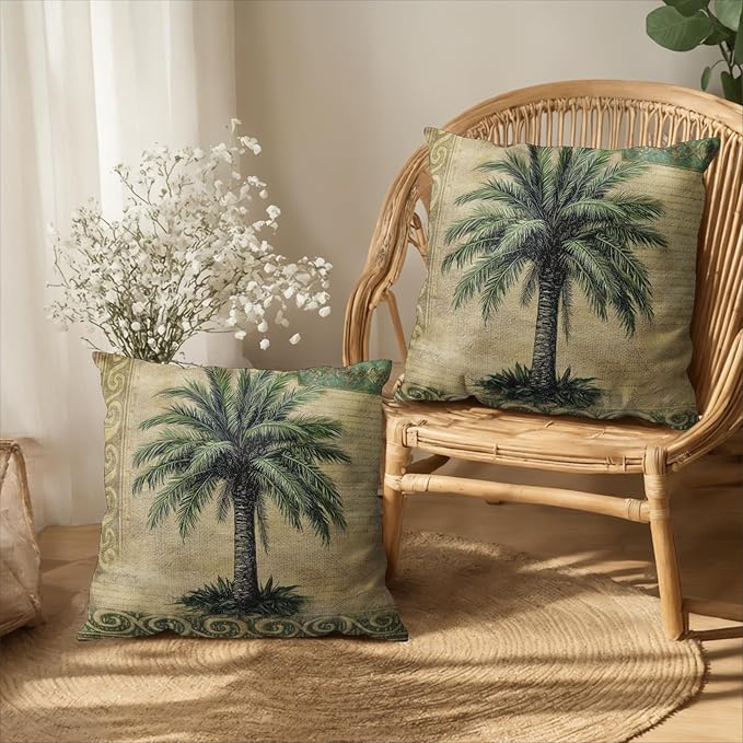 Palm Tree Pillow Covers 16x16 Set of 2 Hawaiian Tropical Leaf Decorative Throw Pillows Summer Vintage Outdoor Pillow Cases Cotton Linen Cushion Cover for Bed Couch Sofa Living Room
