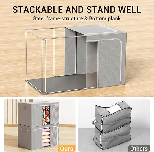 Clothes Storage Bins with Metal Frame Foldable Storage Box Clothes Organizers Storage Containers for Clothes Sheets Blankets Books Toys Gifts and Holiday Decorations (100Lx3 Pack)