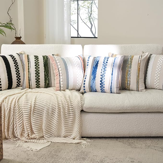 Aeckself Boho Throw Pillow Covers 18x18 Inch Set of 2, Farmhouse Decorative Striped Square Pillow Covers Chenille Tufted Pillow Cases Accent Neutral Pillowcase for Living Room Couch Bed, Orange Blue