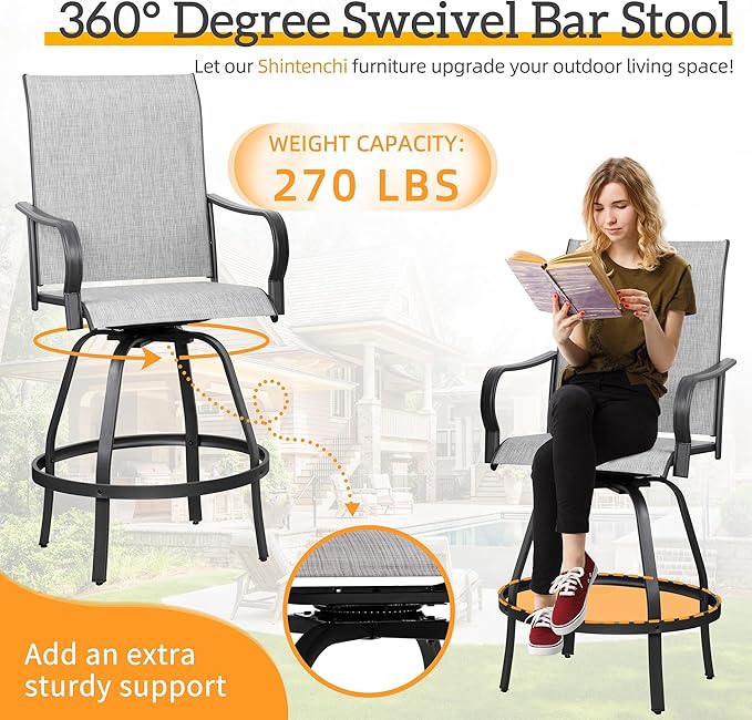 Shintenchi 4 Piece Patio Swivel Bar Chairs, All Weather Textile Outdoor Metal Bar Stools Patio Chairs Set of 4 with High Back, High Top Bistro Set Furniture for Balcony,Backyard,Garden,Deck,Light Grey