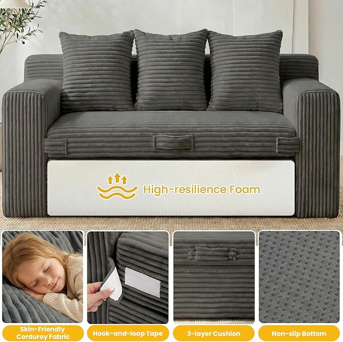 Boneless Couch,3 Seater Boneless Couch Bed – 3-in-1 Convertible Sleeper Sofa with Side Pockets & Handle,Pull Out Corduroy Futon for Small Space,Living Room & Bedroom, 3 Pillows Included,No Assembly