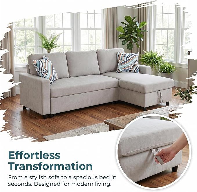 Pull Out Couch, L Shaped Sectional Couch with Pull Out Bed, Convertible Sofa Bed with Storage Chaise, Queen Size Sleeper Sofa, Sofa Bed Couch, Sleeper Sofa with Storage, Gray