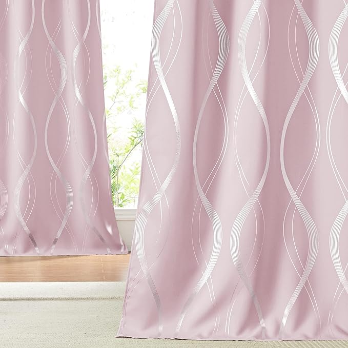 NICETOWN Pink Blackout Curtains Panels for Bedroom, Noise Reducing Thermal Insulated Wave Line Foil Print Design Blackout Curtains for Patio Sliding Glass Door (Lavender Pink, 2 Panels, 52 x 84 Inch)