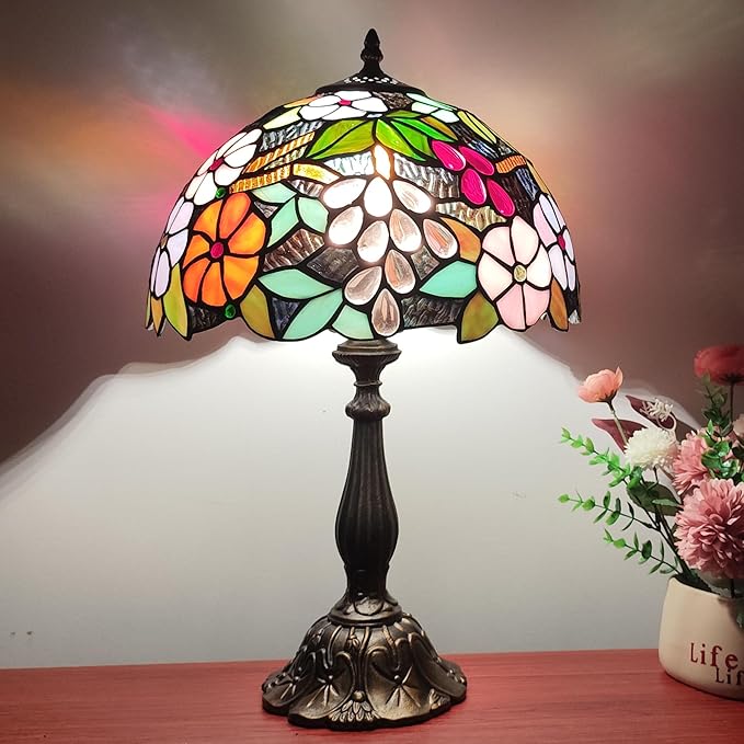 Tiffany 3-Color Stained Glass Lamp - Vintage Beside Reading Lamp, 12 inch Living Room Light, Flowers Style Antique Nightstand Light (Grapes Flowers)