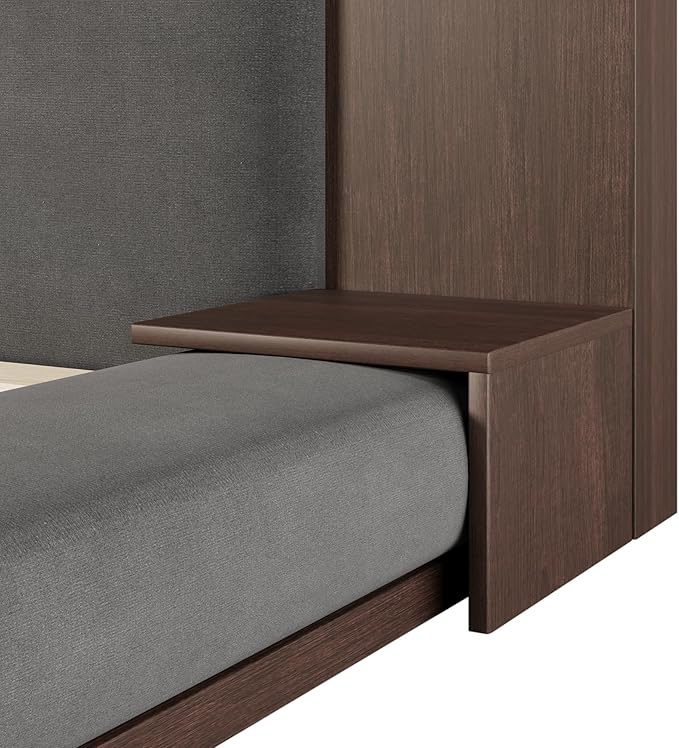 Merax Queen Size Floor Upholstered Platform Bed Frame with Extended Wood Headboard and Bedside Shelf,Easy Assembly,No Box Spring Needed,Gray