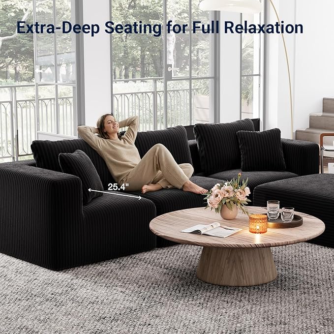 Avenco 35.4” Right-Arm Facing Modular Sofa Seat, Individually Wrapped Coil Support & Corduroy Fabric, Zero Assembly to Complete Your Sectional, Black