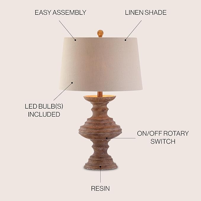 JONATHAN Y 26.5" Brown Faux Bois Resin Table Lamp, Traditional Wood Turned Design for Living Room Bedroom, Light Taupe Linen Shade, LED Bulb Included, UL Listed JYL1001A