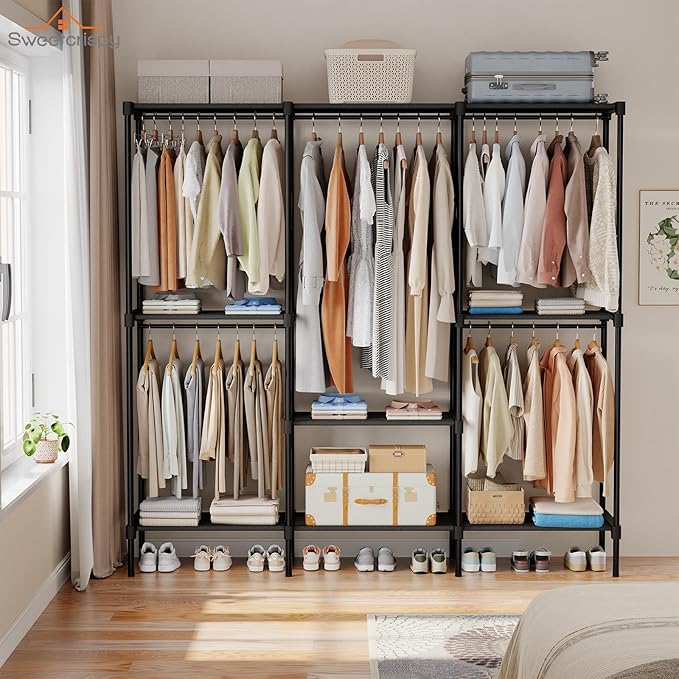 OLIXIS Portable Wardrobe Closet with Hanging Rods, 81 Inch Portable Clothing Rack with Shelves, Heavy Duty Clothes Rack, Freestanding Closet Organizer, 81" L x 15.7" W x 77" H