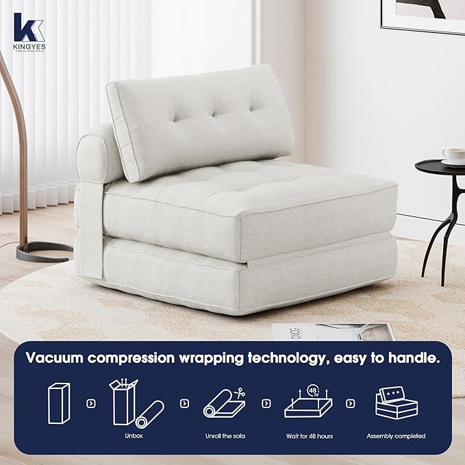 KINGYES Folding Chair Bed, 3 in 1 Convertible Sleeper Chair with Pillow, Beige