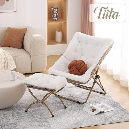 Tiita Folded Chair with Ottoman, Soft Faux Fur Oversized Folding Accent Chair,Lazy Chair, Metal Frame Moon Chair for Bedroom, Living Room, Dorm Rooms, Garden and Courtyard