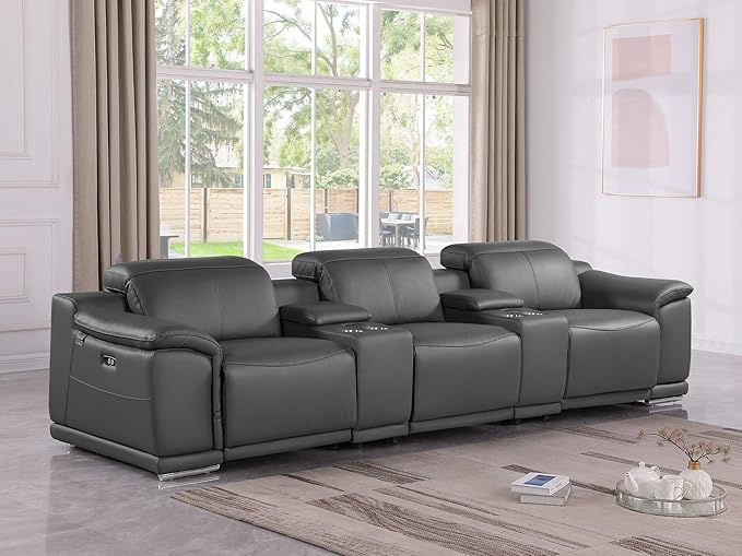 BlackJack Furniture Venice Top Grain Italian Leather Power Recline 5 Piece Sofa - 134" Theater Seating Modern Couch for Living Room Apartment Home with Adjustable Headrests & USB Port, Dark Grey