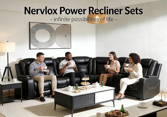 Power Reclining Sectional Sofa with Chair, Electric Recliner Sectional Sofa, Black Leather Power Recliner Couch, High-Density Rebound Sponge, Read Lights, USB Type C Charging for Living Room
