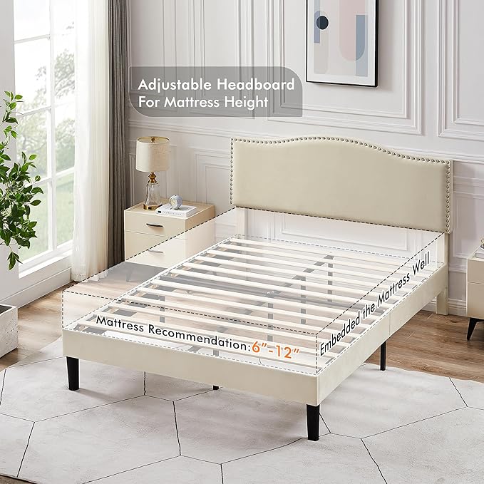 VECELO Queen Bed Frame Platform Bed Frame with Upholstered Headboard, Strong Frame and Wooden Slats Support, Strong Weight Capacity, Non-Slip and Noise-Free, Easy Assembly,Beige
