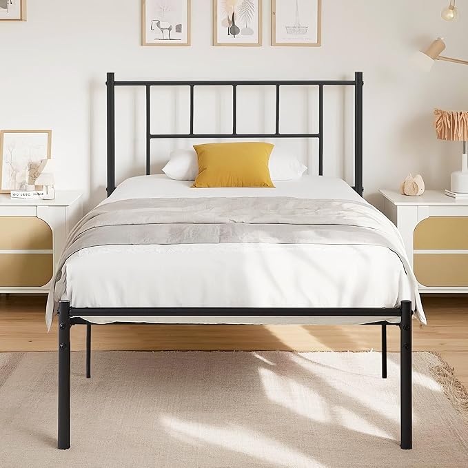 VECELO Twin Metal Platform Bed Frame with Headboard, Heavy Duty Steel Slat Support, Under Bed Storage,No Box Spring Needed, Easy Assembly