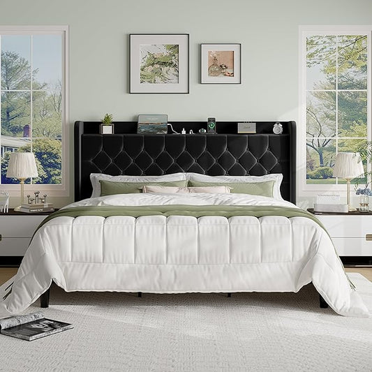SHA CERLIN King Size Platform Bed Frame with Charging Station, Velvet Wingback Headboard with Storage Shelf, Wooden Slats Support, Ample Under-Bed Space, No Box Spring Needed, Easy Assembly, Black