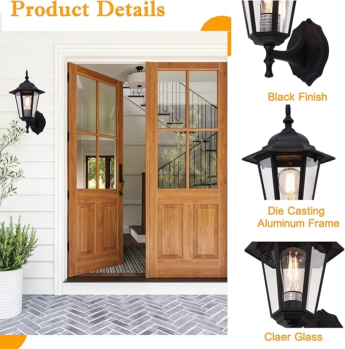 Outdoor Wall Lantern, Exterior Waterproof Wall Light Fixtures with Clear Glass, Die-Aluminum Porch Light, Anti-Rust Outside Lighting for Patio Front Door Entryway, Matte Black, 2-Pack