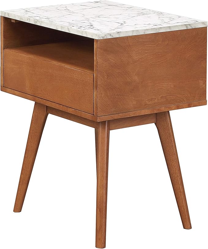 Nathan James Mid-Century James Faux White Marble Accent Side or End Table with Walnut Finish and Marble Table-top with Storage, White/Brown, Set of 2