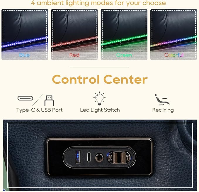 IPKIG Power Recliner Sofa with Flip-Up Backrest Console, USB & USB-C Ports, AC Outlet, LED Lights, Wall Hugger Recliners for Living Room, RV (Dark Blue, 89" - 4 Seat) | Breathable Leather, Zero Gravity, Dual Reclining, 2 Lumabr Pillow, Bluetooth Speakers