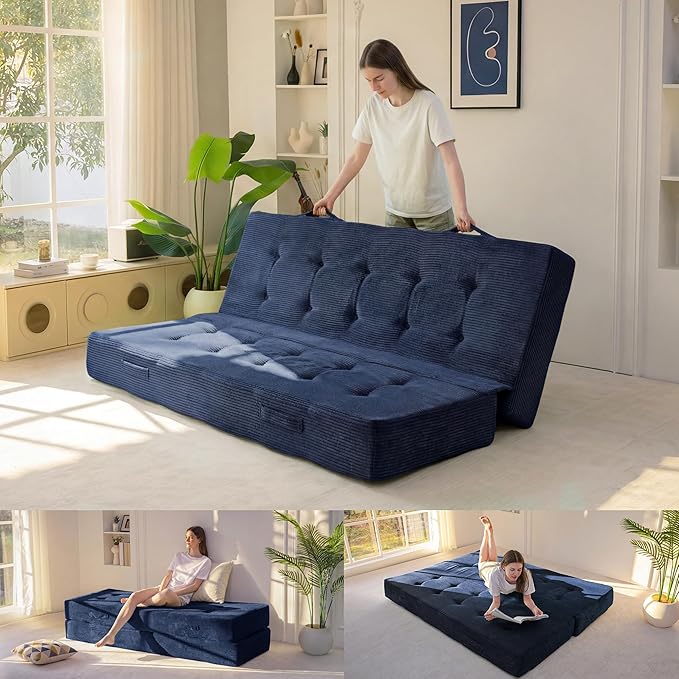 MAXYOYO 8" Foldable Floor Sofa Bed, Tufted Foldable Couch Bed Thick Folding Mattress with Handles, Versatile Folding Sofa Couch for Floor Sleeping, Living Room & Guest Room, Navy