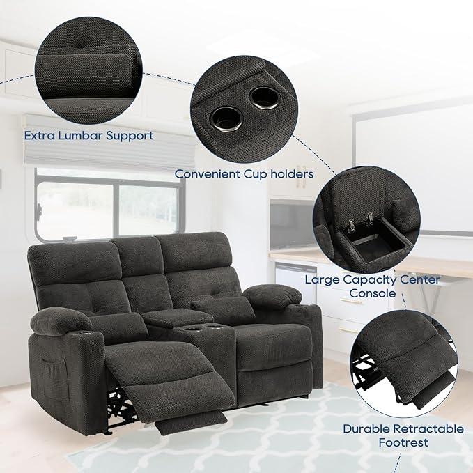 68'' RV Power Reclining Loveseat with Heat and Massage| RV Loveseat Recliner Sofa with Console| Double Reclining Couch with Cup Holder | Loveseat ReclinerTheater Seating(Fabric,Gray) | Double Seat, Electric Recliner