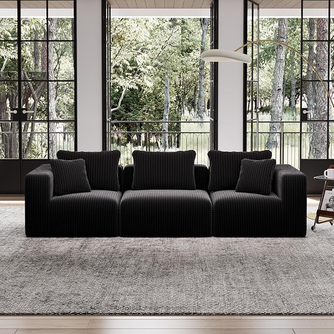 Avenco 106” 3-Seater Modular Sofa Couch, Individually Wrapped Coil Support & Corduroy Fabric, Zero Assembly 3-Piece Set for Apartment, Black