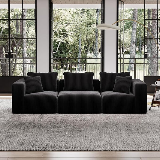 Avenco 106” 3-Seater Modular Sofa Couch, Individually Wrapped Coil Support & Corduroy Fabric, Zero Assembly 3-Piece Set for Apartment, Black