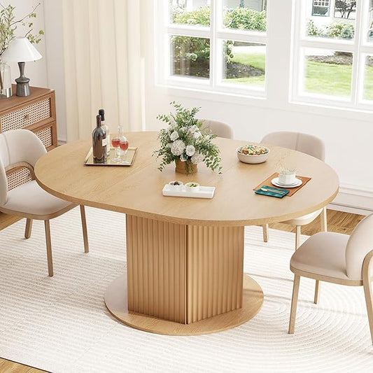 47.24"-62.99" Oval Expandable Dining Table, Round Dining Table for 4-6 People with Distinctive Knurled Base, Round Kitchen Table with Slide Metal Track for Kitchen,Living Room-Light Brown