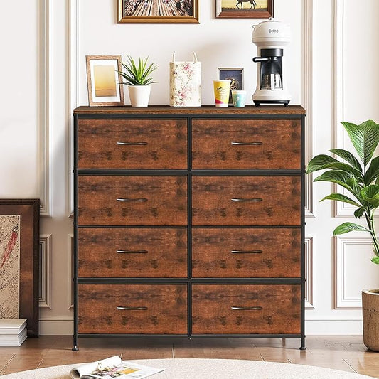 8-Drawer Dresser for Bedroom, Anti-Tip Tall Storage Organizer Chest of Drawers with Wooden Top and Metal Frame Fabric Bins for Closet, Living Room, Hallway, Entryway, Brown
