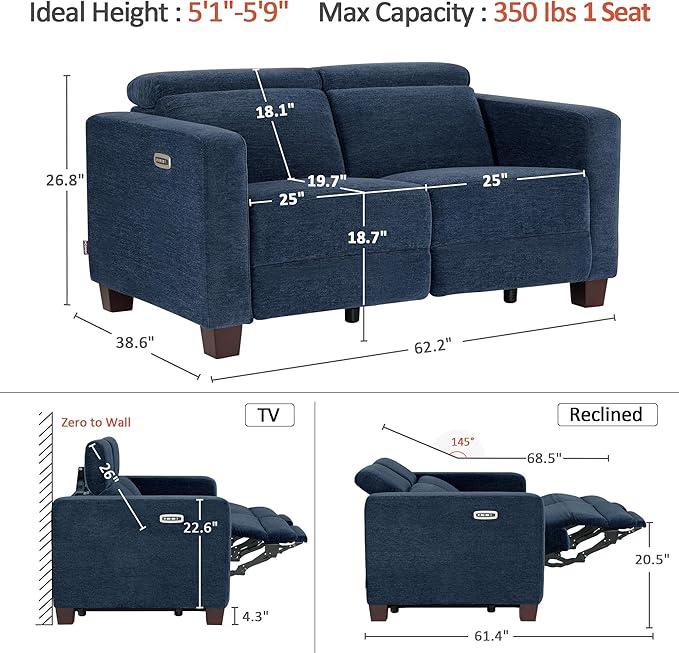 MCombo 62.2'' Reclining Loveseat, Wall Hugger Power Loveseat Recliner Sofa with Adjustable Headrest, USB A & C Charge Ports, Wood Legs, for Living Room (Fabric, HL198M1) (Navy Blue)
