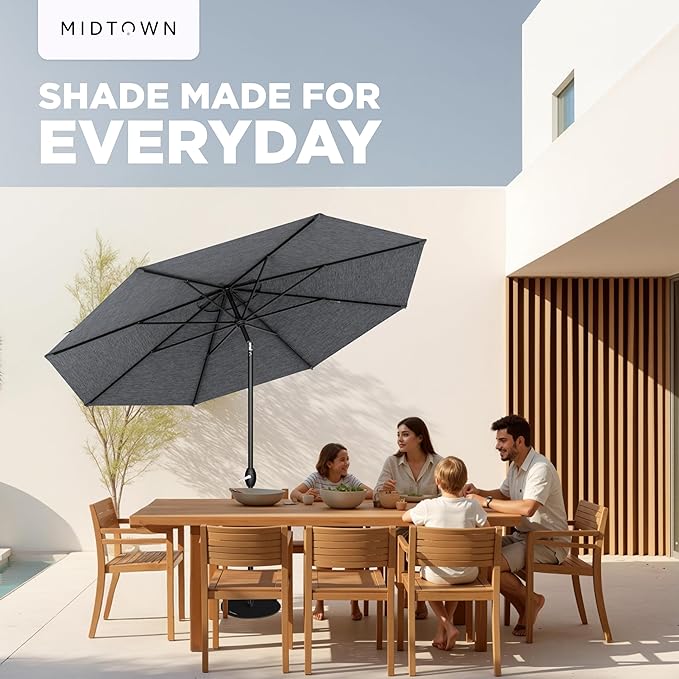 Midtown Umbrellas - 10-Year-No-Fade 10 Ft Patio Umbrella with Terylast Fabric, Auto-Tilt Aluminum Frame and 8 Reinforced Ribs for Deck, Pool, Garden & Beach - Heather Grey Canopy, Black Pole
