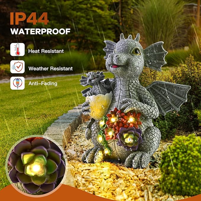 UZER Dinosaur Garden Dragon Statue Outdoor Decor for Patio, Cute Dinosaur Figurine with Solar Light, Yard Art Decoration Resin Ornament for Indoor Home Outdoor Patio Lawn,Birthday Gifts for Mom