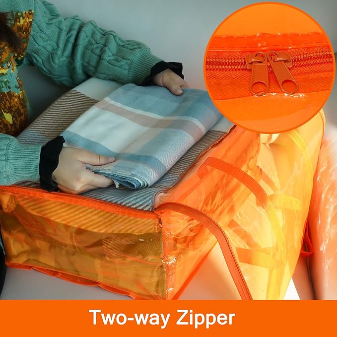 Vieshful Orange 40L Clear Clothes Storage Bag Colorful Clothes Organizer with Zipper Vinyl Storage Bag for Comforter, Blanket, Bedding, Duvet, Transparent Moving Totes 3 Pack