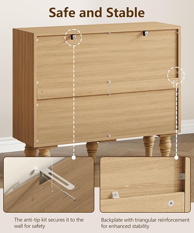 35.4" Rattan Buffet Sideboard Cabinet with Storage, Boho Buffet Table with Adjustable Shelf & 2 Drawer, Floor Storage Cabinet with Solid Wood Legs for Kitchen, Dining Room and Living Room, Natural