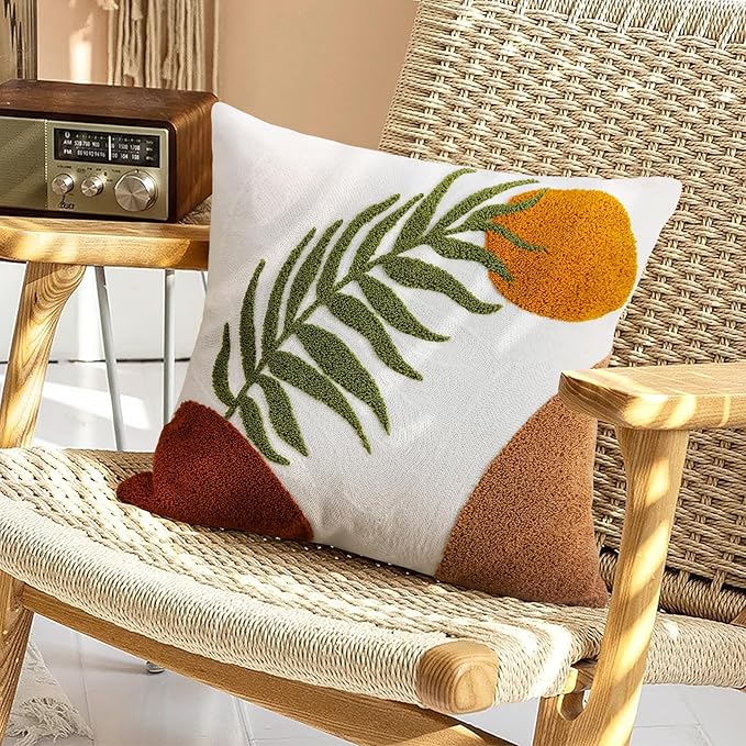 Merrycolor Boho Decorative Throw Pillow Covers 18x18 Tufted Green Decorative Pillows Covers Sun Leaf Mid Century Modern Throw Pillows for Bed Couch Sofa Living Room 1PC
