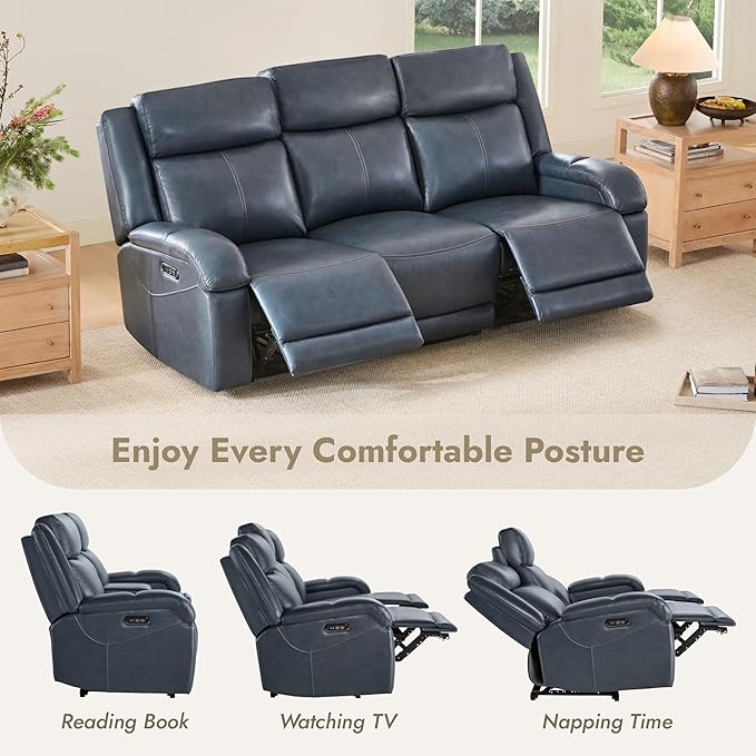 Watson & Whitely Genuine Leather Power Recliner Sofa, 3 Seater Wall Hugger Reclining Sofas with Power Headrest, USB & TypeC Ports, Electric Recliner Couch Set for Living Room, Navy