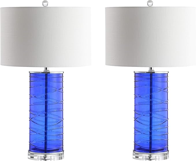 JONATHAN Y 27.5" Cobalt Modern Fused Glass Table Lamp Set of 2 for Bedroom Living Room, Coastal Nightstand Bedside Lamp with White Linen Shade, LED Bulbs Included (JYL4017D-SET2)