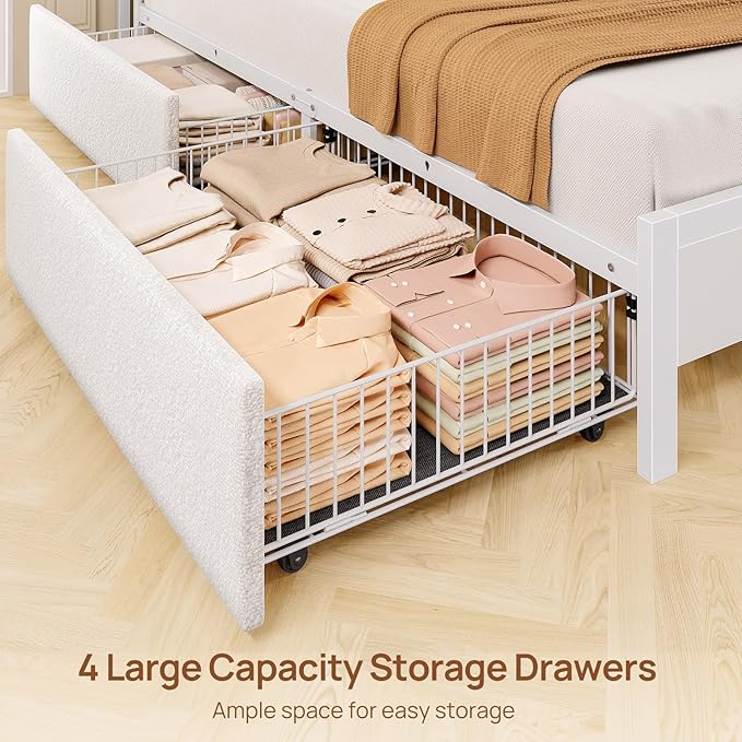 Rolanstar Bed Frame Full Size with Charging Station and LED Lights, Upholstered Storage Headboard with Drawers, Heavy Duty Metal Slats, No Box Spring Needed, Noise Free, Easy Assembly, White