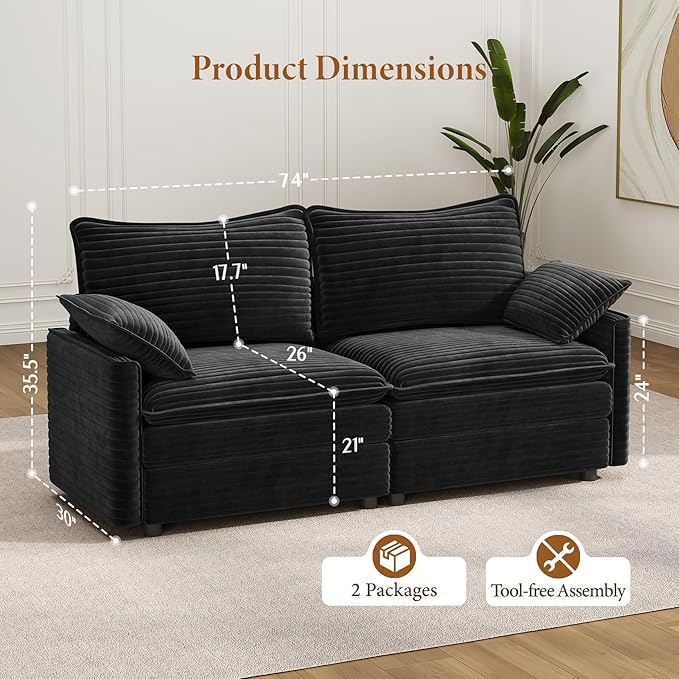 Vesgantti 74" Loveseat Sofa for Living Room, Comfy Cloud Couch Deep Seat Corduroy Modern 2 Seater Small Sofa with Armrest Pillow, Easy Assembly for Small Spaces, Black | Sink-in Comfort, Height Adjustable, Easy Rearrangement, Extra-deep Ottoman, Solid ...
