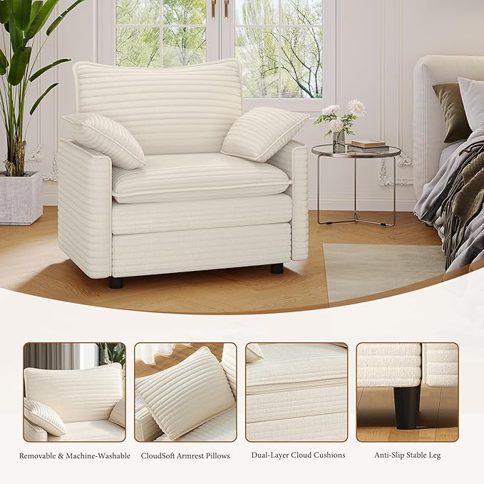 Vesgantti 40" Single Seat Sofa, Comfy Cloud Couch Deep Seat Upholstered Couch Corduroy Modern Sofa with Armrest Pillow, Easy Assembly for Living Room, Bedroom and Apartment, Beige | Sink-in Comfort, Height Adjustable, Easy Rearrangement, Extra-deep Ott...