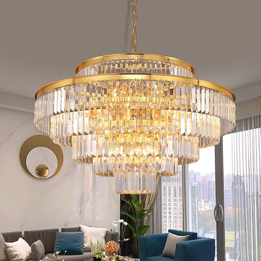 31" Gold Crystal Chandelier, Modern 6-Tier Ceiling Light with Clear Crystal Prisms, Luxury Pendant Lighting for Dining Room Living Room Entryway