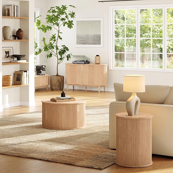 LINSY HOME Round End Table, Fluted Side Table with Sliding Tambour Door and Storage Shelf, Mid Century Modern Circular Nightstand for Bedroom, Wood Boho Tall Bedside Cabinet for Small Space, Oak