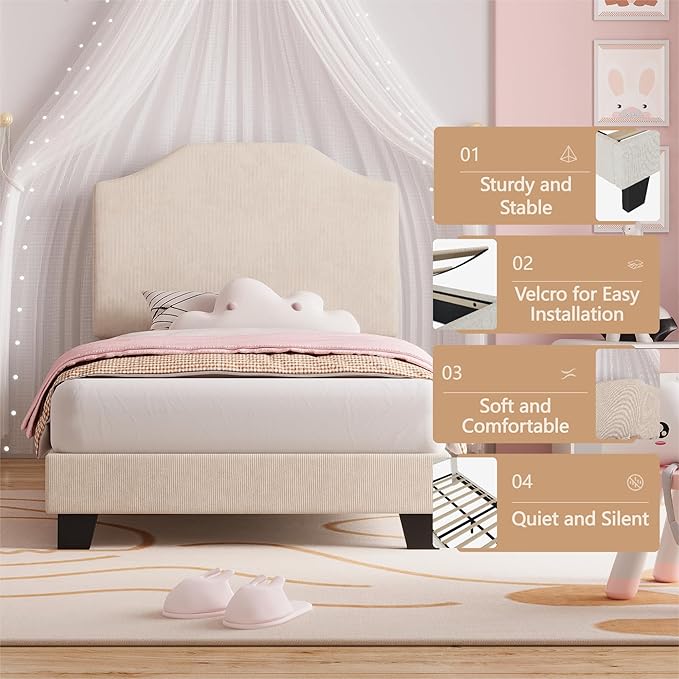 Twin Size Velvet Bed Frame, Corduroy Upholstered Twin Bed Frames Platform with Adjustable Headboard, Cute Velvet Twin Bed, Strong Wooden Slats, No Box Spring Needed, Noise Free, Easy Assembly, Beige